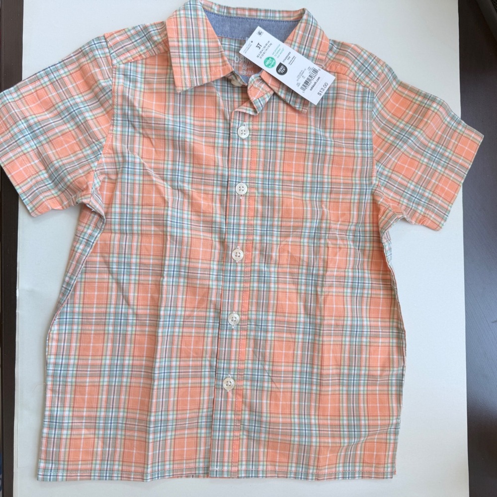 OshKosh Bgosh Toddler Boys 3T Orange Green Plaid Short Sleeve Button Down Shirt